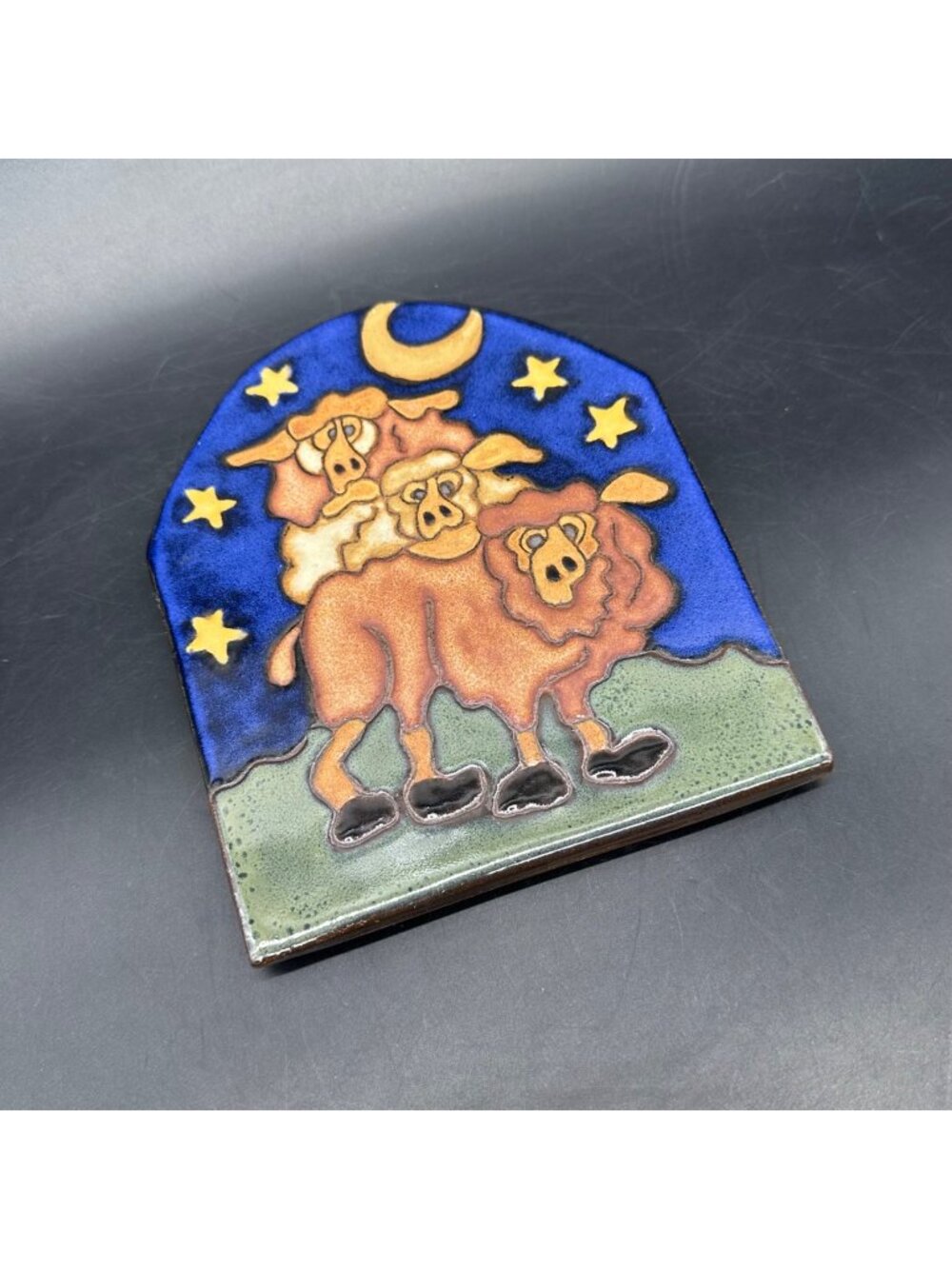 Vintage Sheep Wall Art Tile Meredith Why Not NC Handmade Pottery Moon Stars Blue